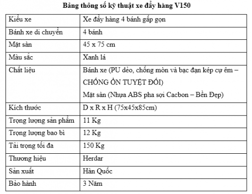 Bảng thông số kỹ thuật V150